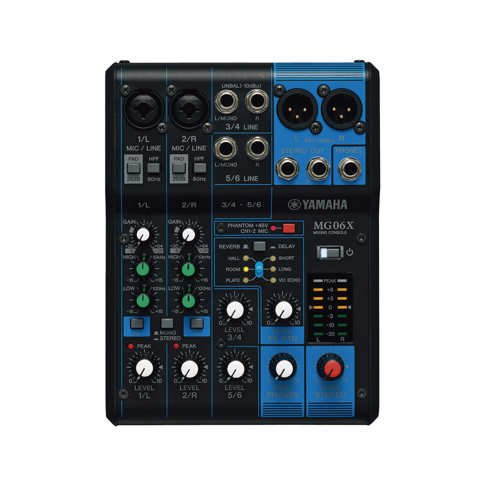 Mezcladora de Audio | 6 Canales | 2 entradas de micro/6 de línea (2 mono + 2 estéreo) | Efectos Integrados | Alimentación Phantom