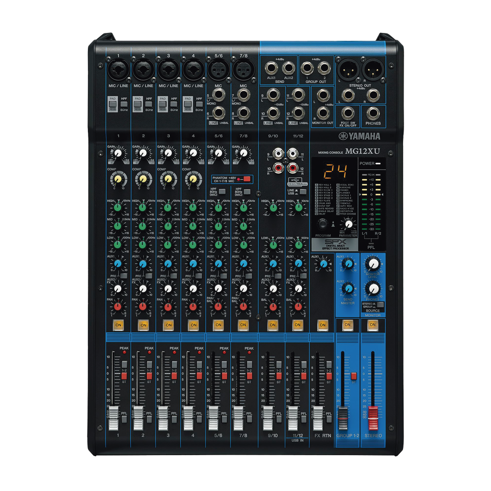 Mezcladora de Audio | 12 Canales | 6 Entradas de Micrófono/línea | 2 Entradas Estéreo | Efectos Integrados | Alimentación Phantom | USB