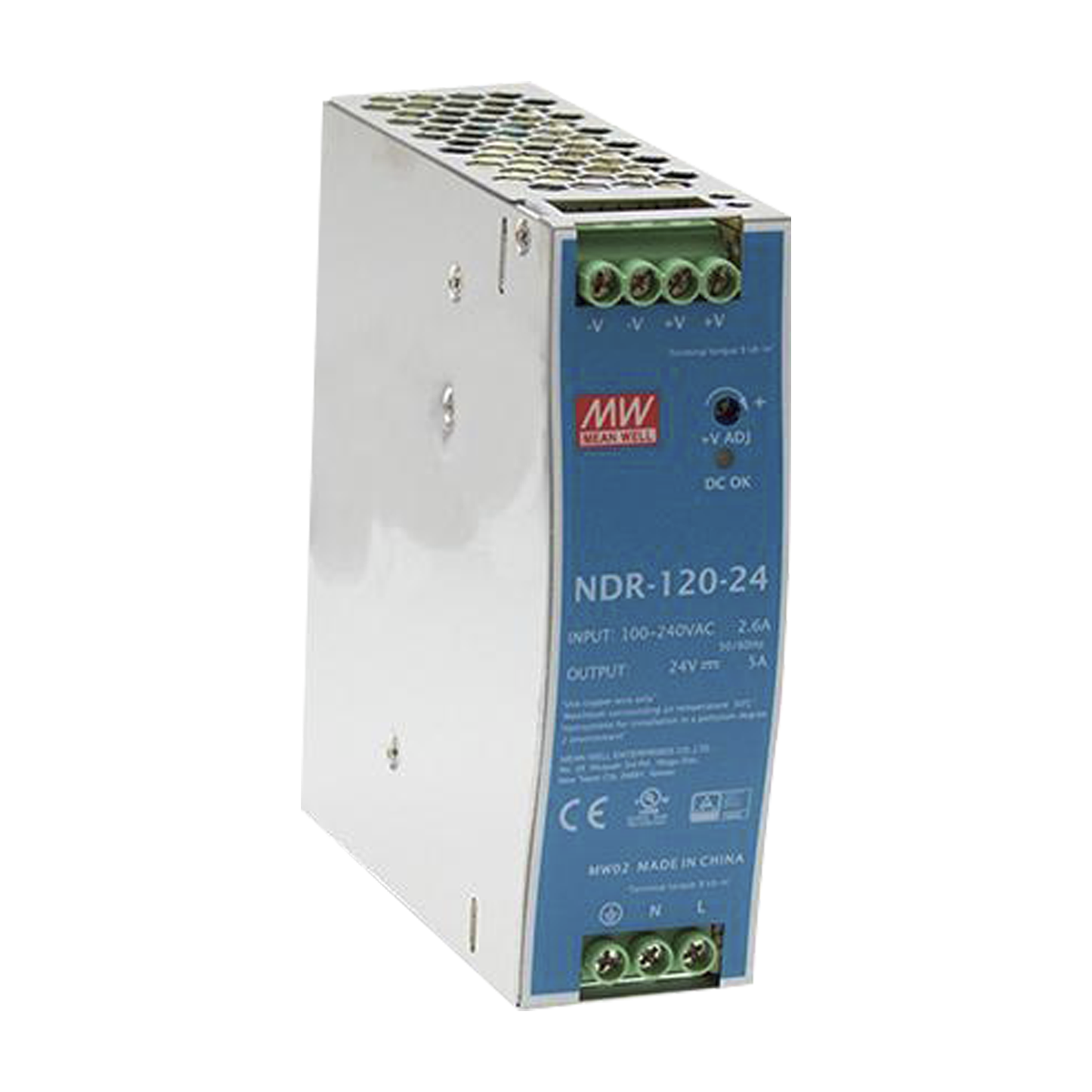Fuente de poder industrial de 120 W, salida 24 Vcc 5A, entrada 90~264 VCA, Montaje en riel DIN,