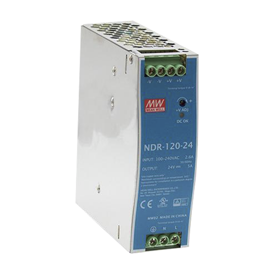 Fuente de poder industrial de 120 W, salida 24 Vcc 5A, entrada 90~264 VCA, Montaje en riel DIN,