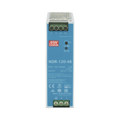 Fuente de poder industrial de 120 W, salida 48 Vcc, entrada 90~264 VCA, para montaje en riel DIN,