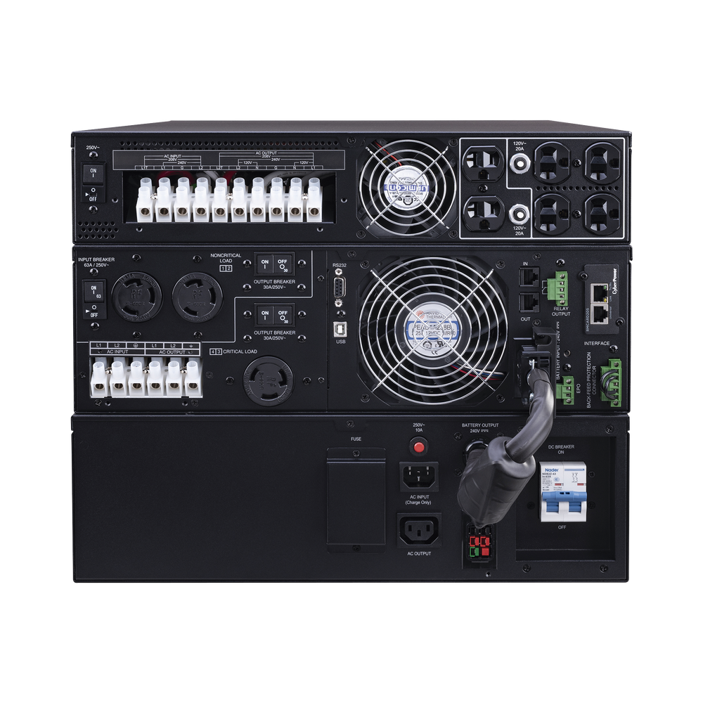 UPS de 10000 VA/10000 W, Online Doble Conversión, 200 - 240 Vac de Entrada, 120 - 240 Vac de Salida, Entrada Hardwired, Onda Senoidal Pura, Torre o Rack de 8 UR, Con 6 Tomas NEMA 5-20R, 3 NEMA L6-30R y Terminal Hardwire