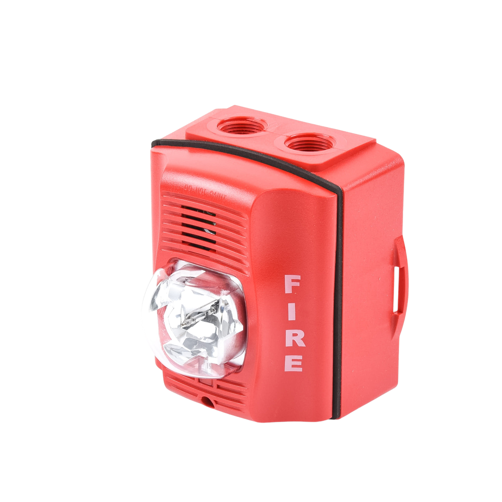 Sirena con Lámpara Estroboscópica / para Exterior / a 2 Hilos / Montaje en Pared / 12 o 24 Vcd / Configuración Estroboscópica Seleccionable / Texto en Inglés / Incluye Caja de Montaje / Color Rojo