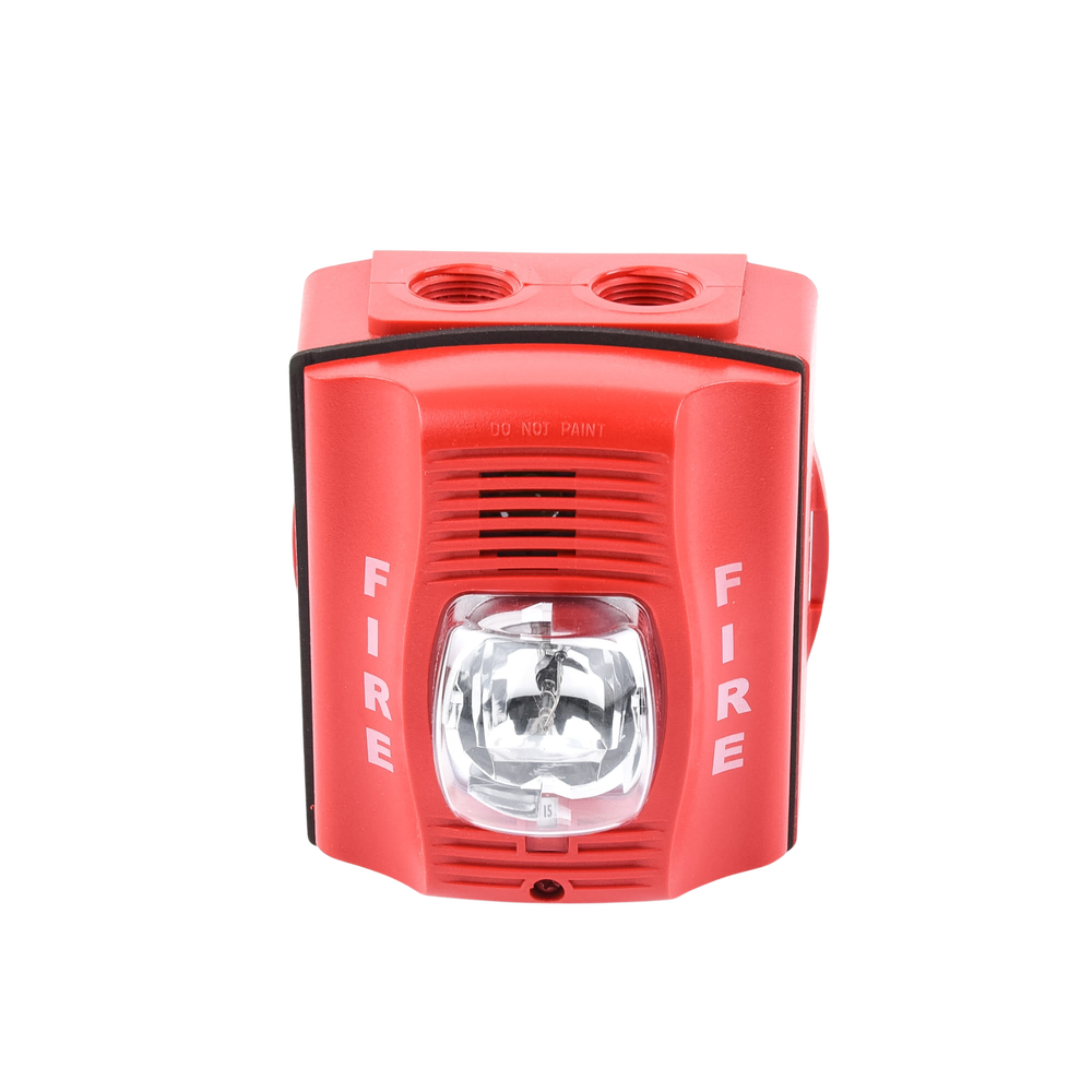 Sirena con Lámpara Estroboscópica / para Exterior / a 2 Hilos / Montaje en Pared / 12 o 24 Vcd / Configuración Estroboscópica Seleccionable / Texto en Inglés / Incluye Caja de Montaje / Color Rojo