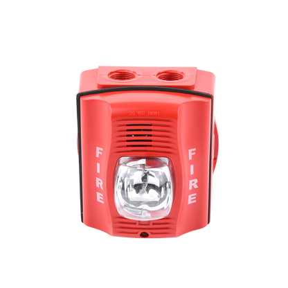 Sirena con Lámpara Estroboscópica / para Exterior / a 2 Hilos / Montaje en Pared / 12 o 24 Vcd / Configuración Estroboscópica Seleccionable / Texto en Inglés / Incluye Caja de Montaje / Color Rojo