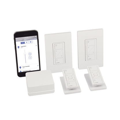 (Caseta Wireless) Kit Hub controlador, 2 atenuadores, 2 controles remotos, 2 base mesa y 2 tapas.