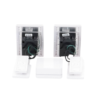 (Caseta Wireless) Kit Hub controlador, 2 atenuadores, 2 controles remotos, 2 base mesa y 2 tapas.
