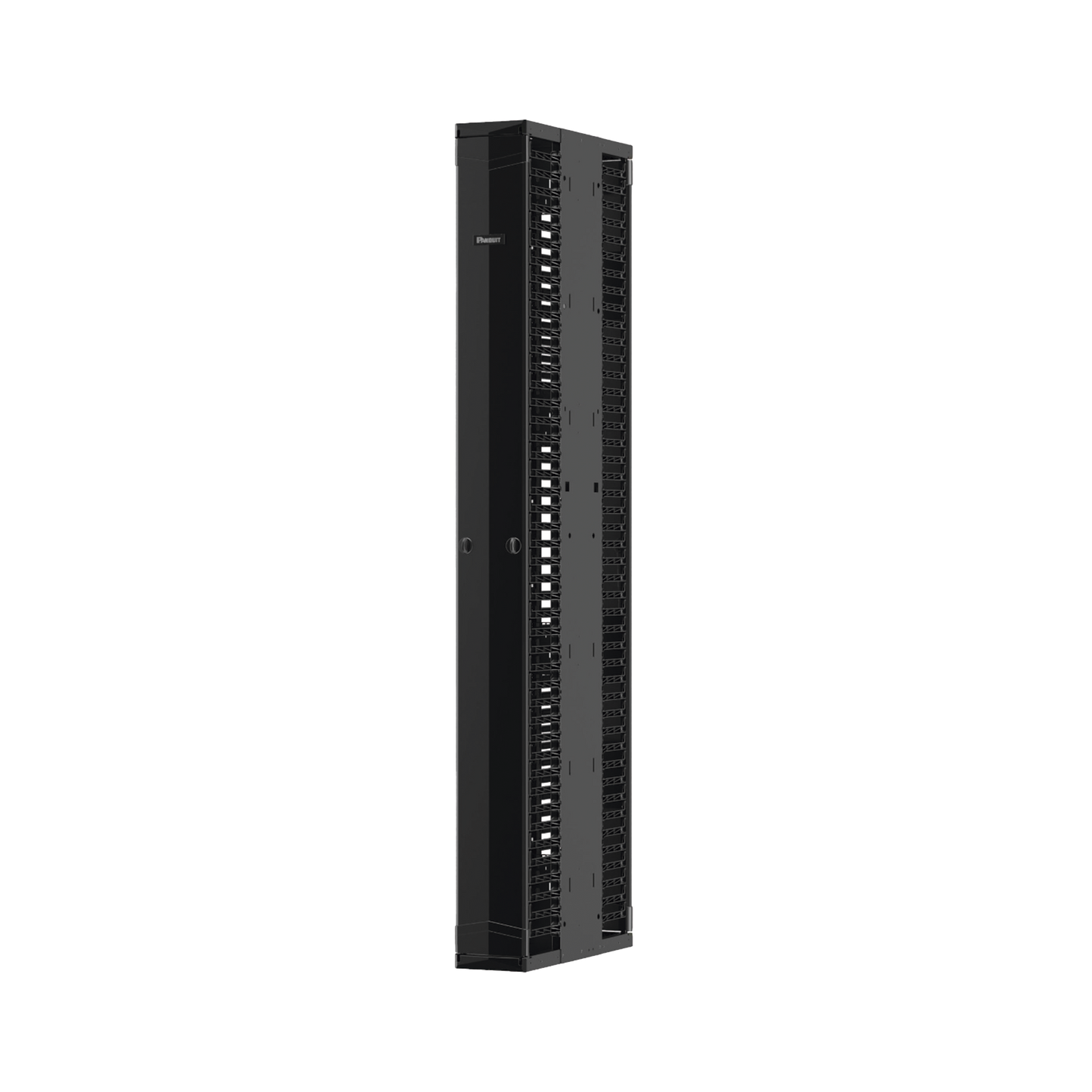 Organizador Vertical PatchRunner™ Mejorado, Doble (Frontal y Posterior), Para Rack Abierto de 45 Unidades, 12in de Ancho, Color Negro