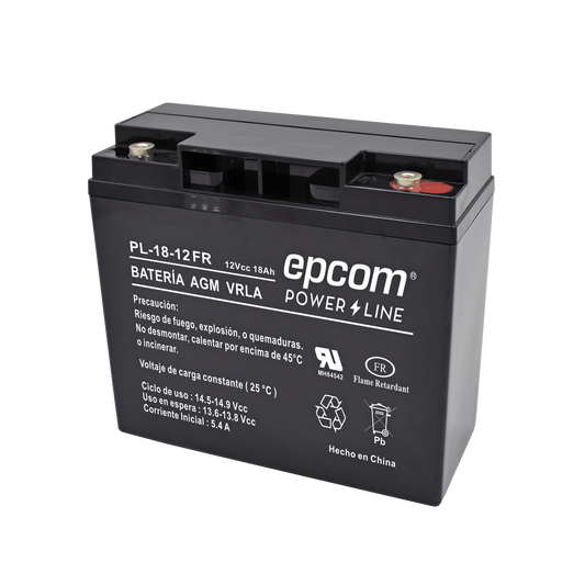 Batería 12 Vcc / 18 Ah / UL / AGM-VRLA / Retardante a la flama / Para uso en equipo electrónico,Alarmas de intrusión / Incendio/ Control de acceso / Video Vigilancia / Terminales tipo M5 ( HEX ) / Cargador recomendado CHR-80.