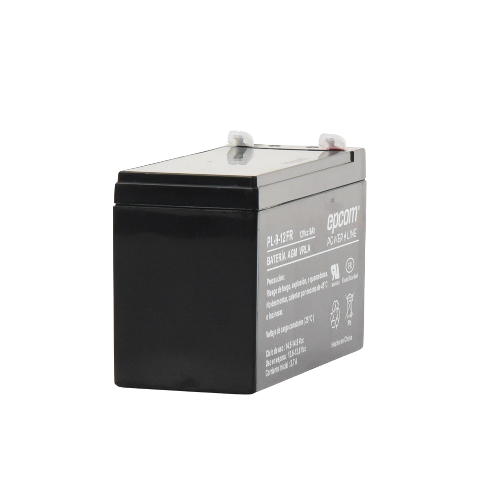 Batería 12 Vcc / 9 Ah / UL / Tecnología AGM-VRLA / Retardante a la flama / Para uso en equipo electrónico Alarmas de intrusión / Incendio/ Control de acceso / Video Vigilancia / Terminales tipo F1 / Cargador recomendado CHR-80.