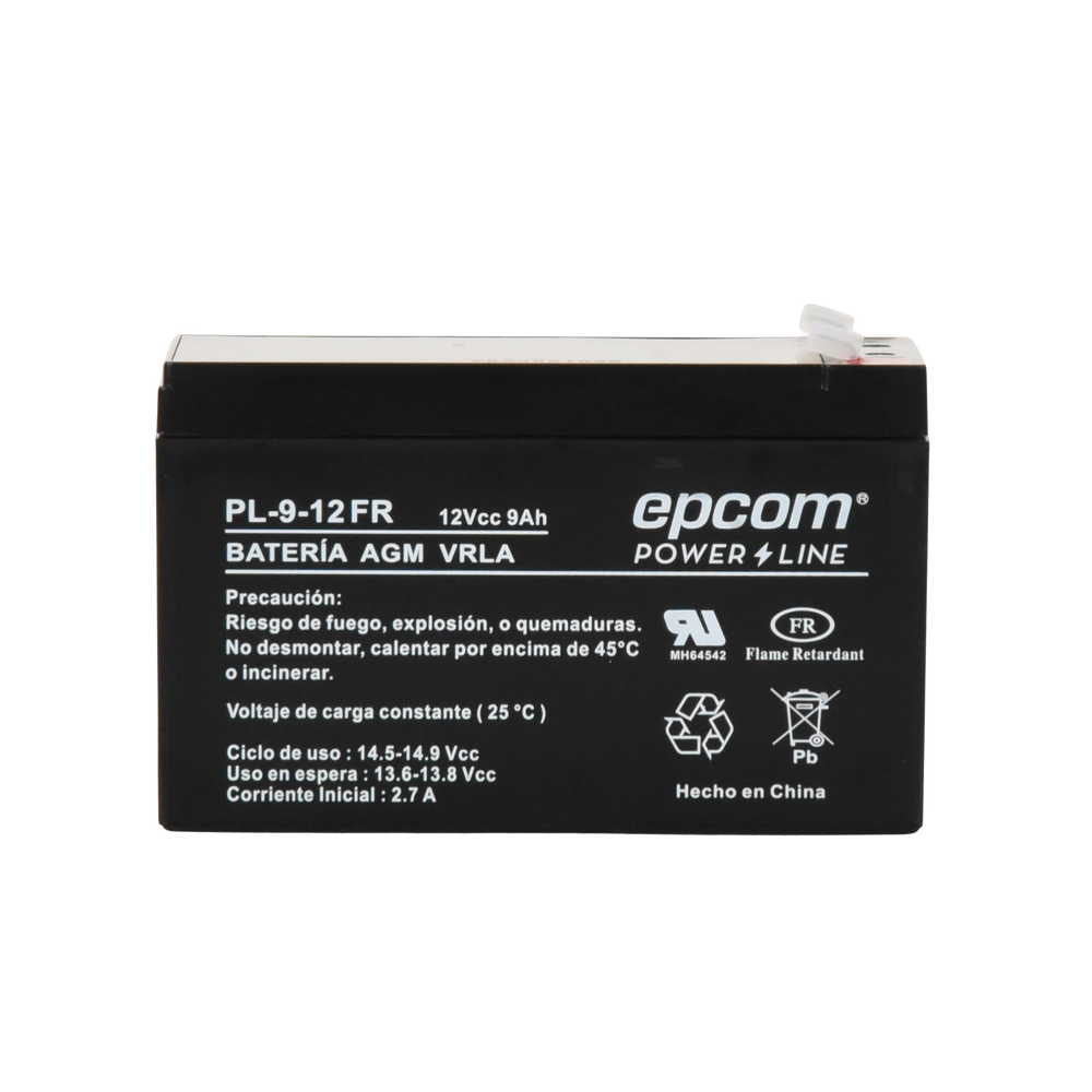 Batería 12 Vcc / 9 Ah / UL / Tecnología AGM-VRLA / Retardante a la flama / Para uso en equipo electrónico Alarmas de intrusión / Incendio/ Control de acceso / Video Vigilancia / Terminales tipo F1 / Cargador recomendado CHR-80.
