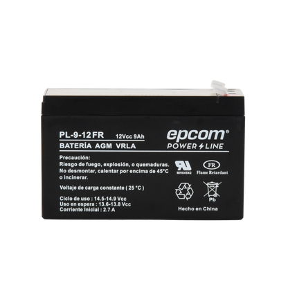 Batería 12 Vcc / 9 Ah / UL / Tecnología AGM-VRLA / Retardante a la flama / Para uso en equipo electrónico Alarmas de intrusión / Incendio/ Control de acceso / Video Vigilancia / Terminales tipo F1 / Cargador recomendado CHR-80.