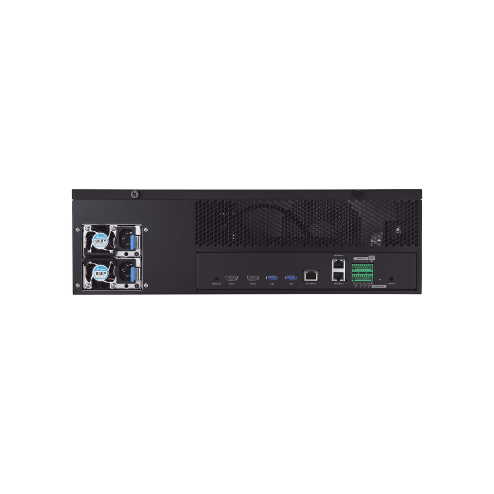 NVR de 64 canales /  Hasta 32 MP / H.265 & Wisestream / Procesamiento 400 Mbps / 3 Puertos de Red / Raid 5-6 / 16 bahias para disco duro (no incluidos)