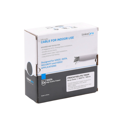 Bobina de Cable de 100 Metros (328.08 Pies), Cat5e, 24 AWG, Color Gris, UL, para Aplicaciones en Videovigilancia, Redes de Datos. Uso Interior