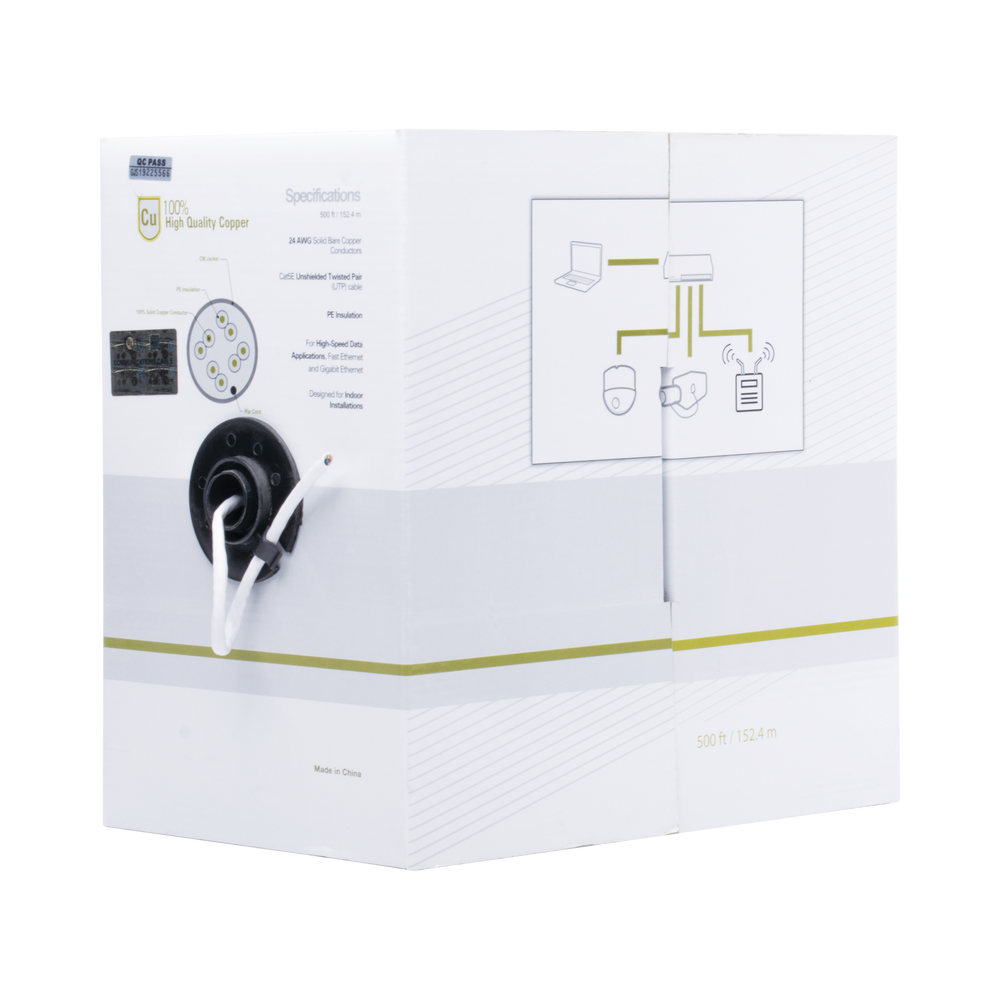Cable Cat5e de Alto Rendimiento Certificaciones ETL, UL, de 152.5 Metros (500 Pies) de Color Blanco, para Aplicaciones en Video Vigilancia, Redes de Datos. Uso Interior.