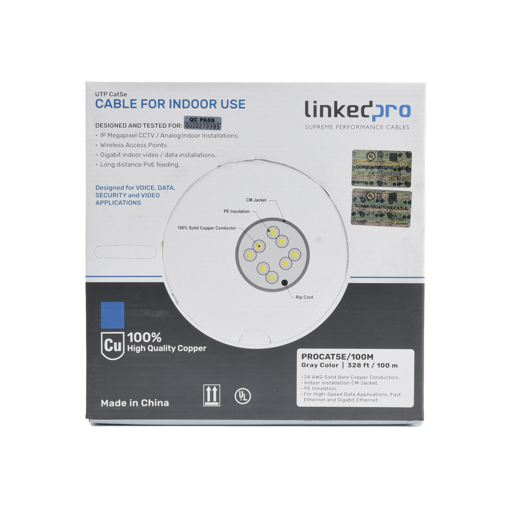 Cable Cat5e de Alto Rendimiento, con Certificaciones ETL, UL, Color Gris, de 100 Metros (328 Pies) para Aplicaciones en CCTV, Redes de Datos. Uso Interior.