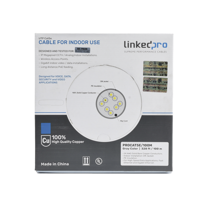 Cable Cat5e de Alto Rendimiento, con Certificaciones ETL, UL, Color Gris, de 100 Metros (328 Pies) para Aplicaciones en CCTV, Redes de Datos. Uso Interior.