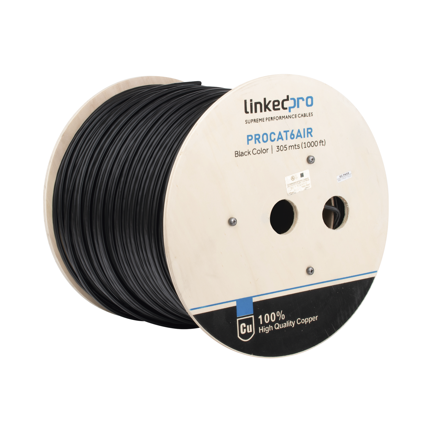 Bobina de Cable FTP con Mensajero de Acero de 305 Metros (1000 Pies) Cat6+ Calibre 23, Color Negro, para Aplicaciones en Video Vigilancia y Redes de Datos / Uso en Intemperie y Aplicaciones Aéreas