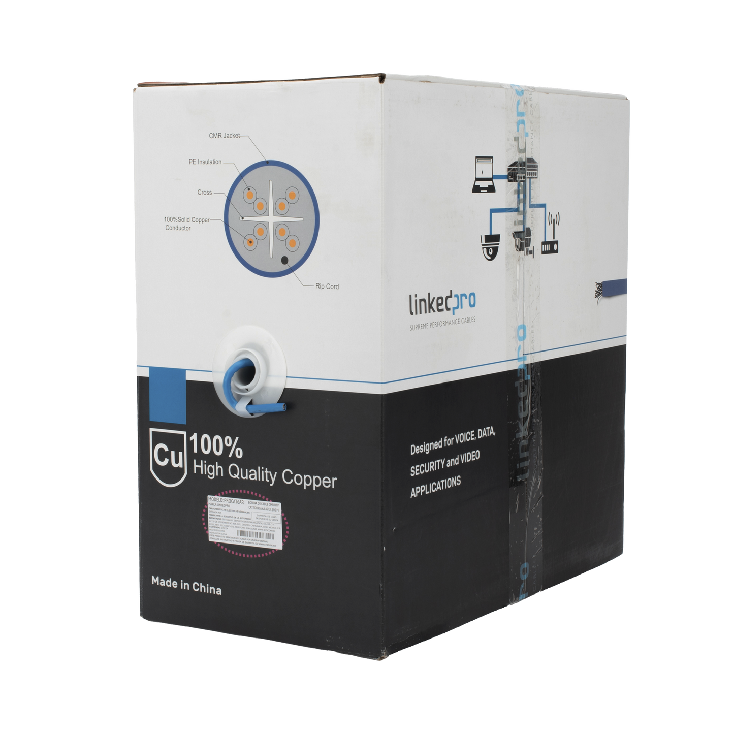 Bobina de Cable U/UTP Cat6A de 305 Metros (1000 Pies), Color Azul, CMR, Soporta 10G-BaseT para Transmisión de Frecuencias de hasta 500MHz, UL