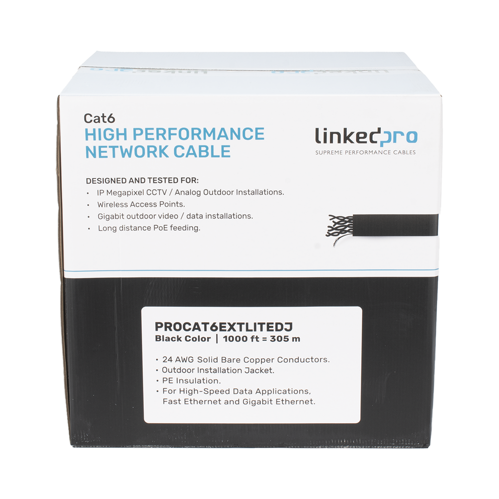 Bobina de Cable UTP 305 Metros (1000 Pies), Cat6 con Doble Forro, para Exterior, Climas Extremos, Color Negro
