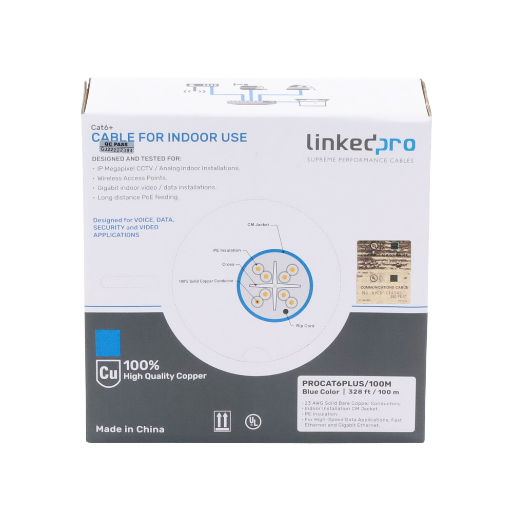 Cable Cat6+ Calibre 23 Alto Rendimiento, ETL, UL, Color Azul, de 100 Metros (328.08 Pies), Super Flexible, para Aplicaciones de CCTV, Video HD, y Redes de Datos.