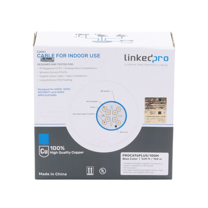Cable Cat6+ Calibre 23 Alto Rendimiento, ETL, UL, Color Azul, de 100 Metros (328.08 Pies), Super Flexible, para Aplicaciones de CCTV, Video HD, y Redes de Datos.