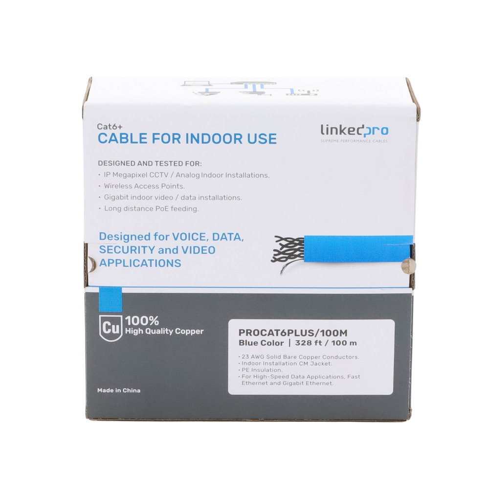 Cable Cat6+ Calibre 23 Alto Rendimiento, ETL, UL, Color Azul, de 100 Metros (328.08 Pies), Super Flexible, para Aplicaciones de CCTV, Video HD, y Redes de Datos.