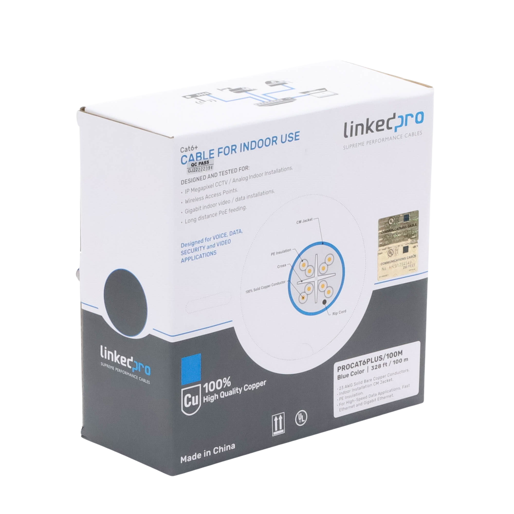 Cable Cat6+ Calibre 23 Alto Rendimiento, ETL, UL, Color Azul, de 100 Metros (328.08 Pies), Super Flexible, para Aplicaciones de CCTV, Video HD, y Redes de Datos.