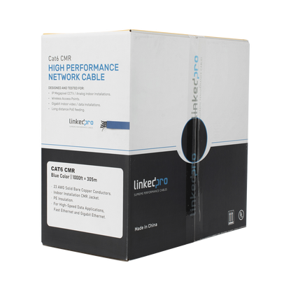 Bobina de Cable de 305 Metros (1000 Pies) Cat6+, CMR, Calibre 23 Alto Rendimiento, ETL, UL, Color Azul, Super Flexible, para Aplicaciones de Video Vigilancia, Video HD, y Redes de Datos. Uso Interior.