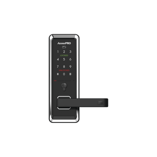 Cerradura inteligente con teclado Touch Screen, Apertura con tarjeta Mifare /Contraseña y Llave de emergencia de diseño compacto para puertas de perilla simple