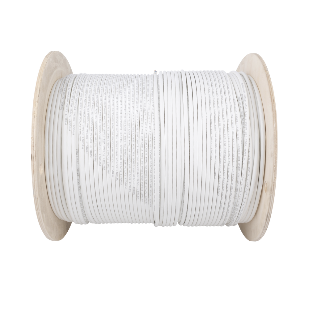 Bobina de Cable Blindado S/FTP de 4 Pares, Cat7, Inmune a Ruido e Interferencias, LSZH (Bajo Humo, Cero Halógenos), Color Blanco, Bobina de 500 Metros (1640 Pies)