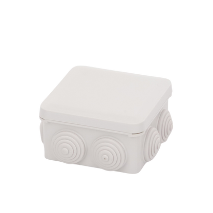 Caja Estanca, Derivación, Conexión de Plástico (89 X 89 X 50 mm) con 7 Glándulas de Goma. Para Instalaciones Comerciales,  Residenciales e Industriales. Cerrado a Presión.