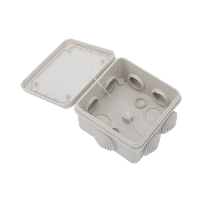Caja Estanca, Derivación, Conexión de Plástico (89 X 89 X 50 mm) con 7 Glándulas de Goma. Para Instalaciones Comerciales,  Residenciales e Industriales. Cerrado a Presión.