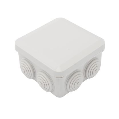 Caja Estanca, Derivación, Conexión de Plástico (89 X 89 X 50 mm) con 7 Glándulas de Goma. Para Instalaciones Comerciales,  Residenciales e Industriales. Cerrado a Presión.