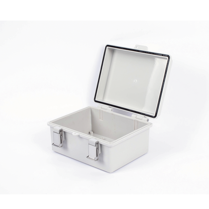 Gabinete de Plástico ABS, Uso en Intemperie IP66 (170 x 220 x 110 mm) Cierre por broche Inoxidable y Permite Cerrado con Candado y Llave (Perno 5mm) No Incluido