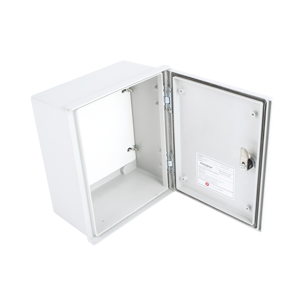 Gabinete de Poliéster IP65 Uso en Intemperie (250 x 300 x 140 mm) con Placa Trasera Interior de Plástico (Incluye Chapa y Llave).