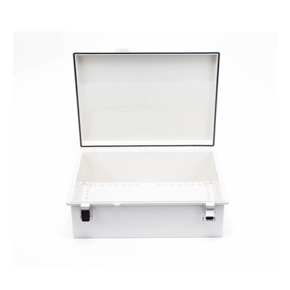 Gabinete de Plástico ABS, Uso en Intemperie IP66 (350 x 460 x 160 mm) Cierre por Broche Inoxidable y Permite Cerrado con Candado y Llave (Perno 5mm) No Incluido