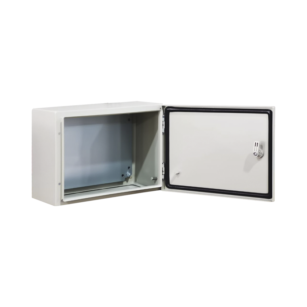 Gabinete de Acero IP66 Uso en Intemperie (400 x 300 x 300 mm) con Placa Trasera Interior Metálica y Compuerta Inferior Atornillable (Incluye Chapa y Llave T). Ideal para Centros de Carga y Tableros de Control.