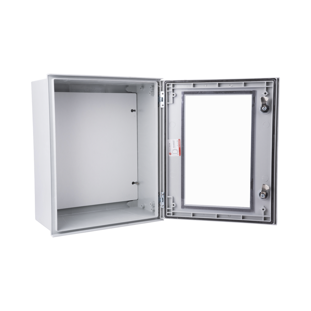 Gabinete de Poliéster IP65 Puerta Transparente, Uso en Intemperie (400 x 500 x 200 mm) con Placa Trasera Interior de Plástico (Incluye Chapa y Llave).
