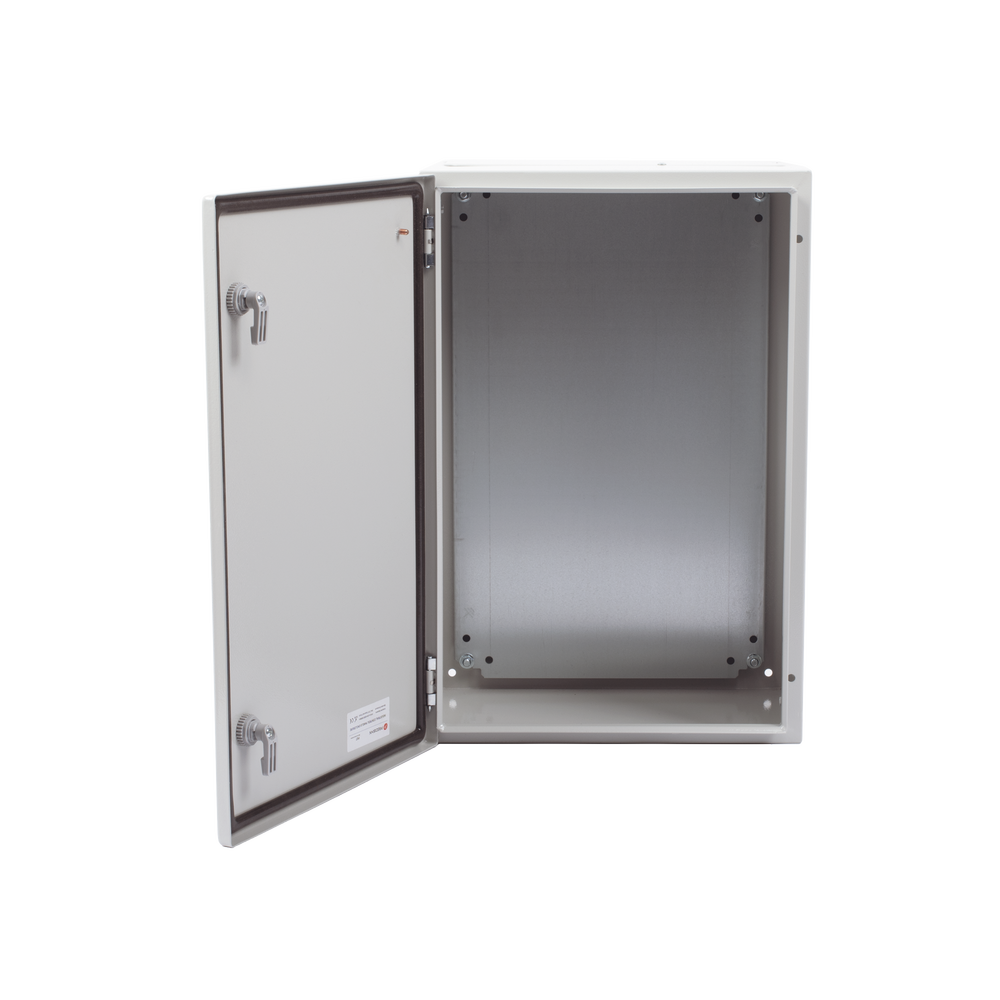 Gabinete de Acero IP66 Uso en Intemperie (400 x 600 x 250 mm) con Placa Trasera Interior Metálica y Compuerta Inferior Atornillable (Incluye Chapa y Llave T).