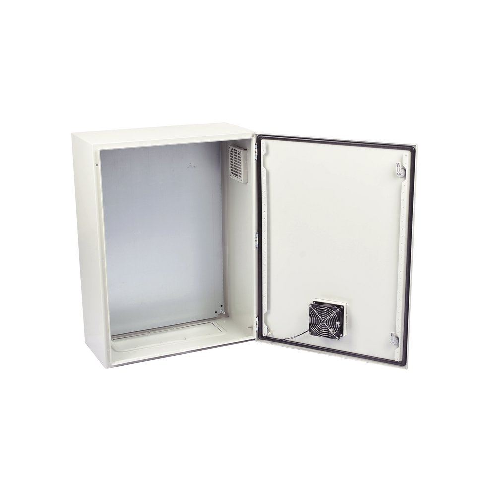 Gabinete Ventilado de Acero IP55 Uso en Exterior (500 x 700 x 250 mm) con Placa Trasera Interior Metálica y Compuerta Inferior Atornillable. Incluye Ventilador, Ventilas, filtros, Chapas y Llave T.