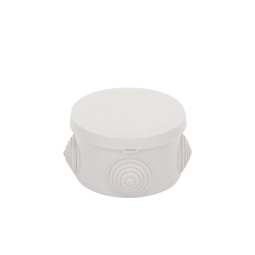 Caja Derivación-Conexión de Plástico Circular con 4 Glándulas de Goma (70 diámetro X 48 alto mm). Para Instalaciones Comerciales,  Residenciales e Industriales. Cerrado a Presión.