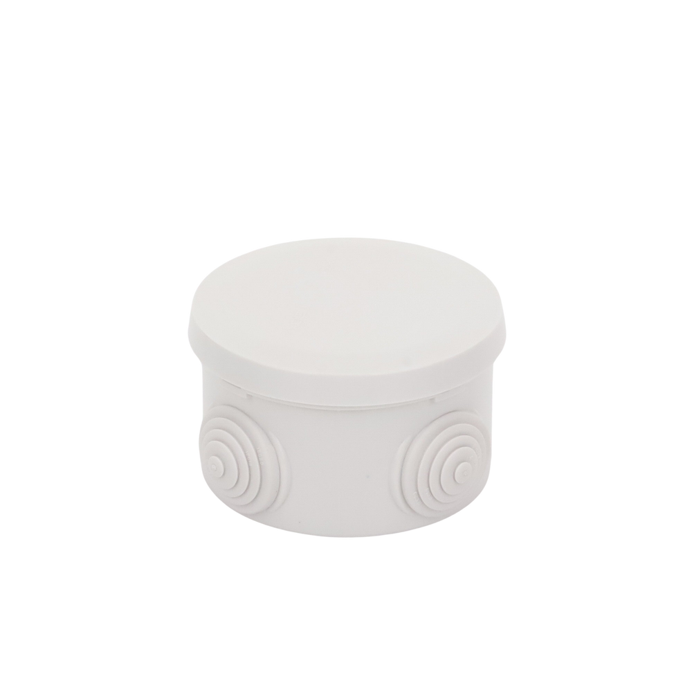 Caja Derivación-Conexión de Plástico Circular con 4 Glándulas de Goma (70 diámetro X 48 alto mm). Para Instalaciones Comerciales,  Residenciales e Industriales. Cerrado a Presión.