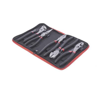 Juego de 5 Pinzas de 8" con Estuche. Incluye: P. Mecánica, P. para Tubo, P. Eléctrica, P. Corte, Nariz Larga.