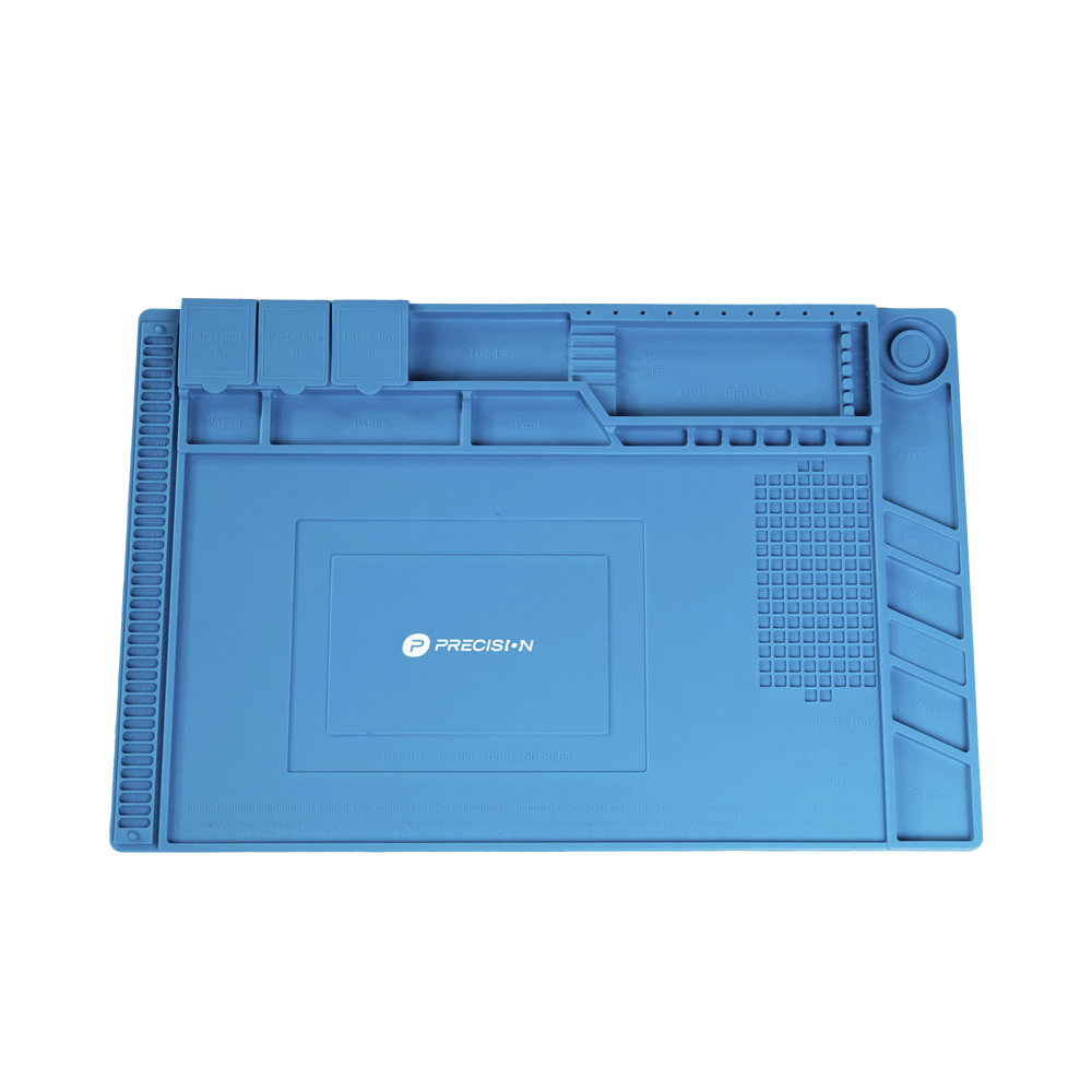 Tapete de silicona de 45 x 30 cm, resistente al calor con áreas magnéticas y de almacenamiento de componentes, ideal para la reparación de equipos y tarjetas electrónicas.