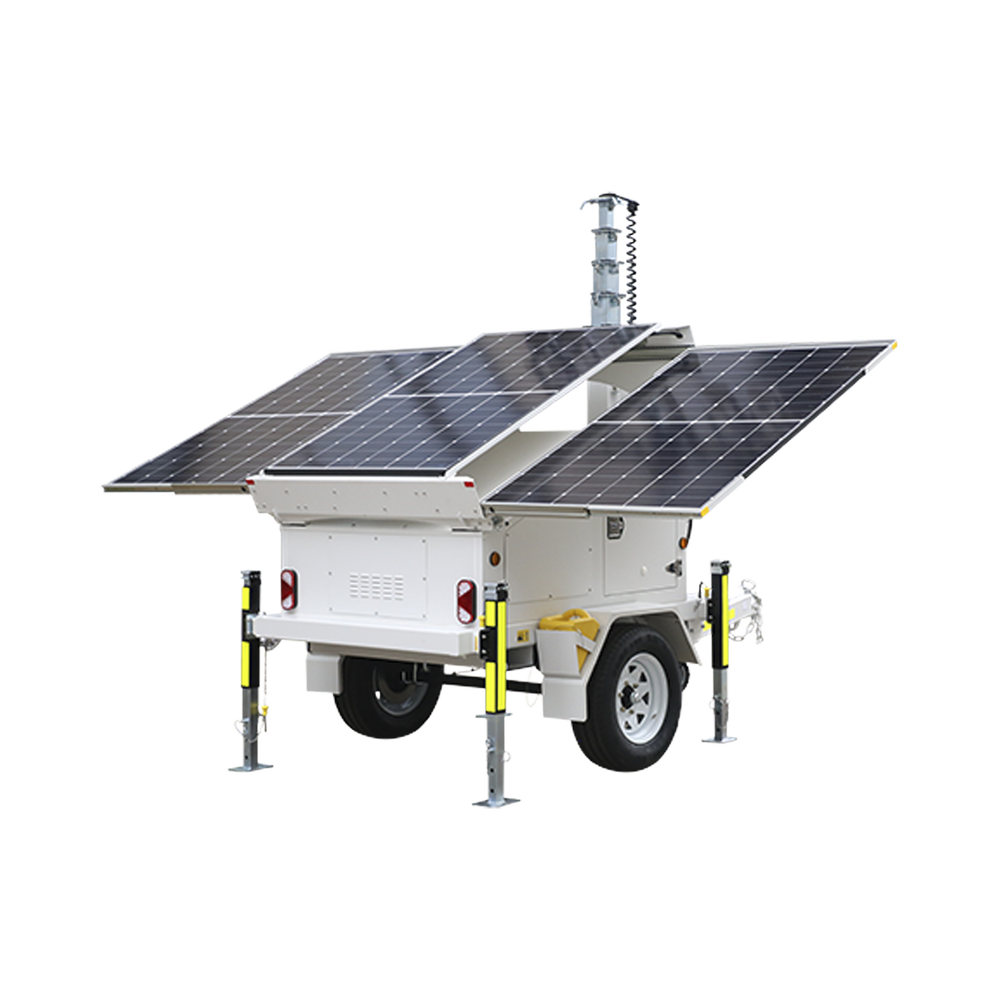 Traila / Remolque con Mástil Retráctil de 7.5 m. para Videovigilancia o Iluminación, con Bases para Instalar Paneles Solares y Baterías (No incluidos)
