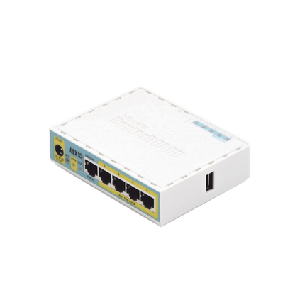 (hEX PoE LITE) RouterBoard, 5 Puertos Fast Ethernet, 4 con PoE Pasivo, 1 Puerto USB