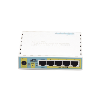 (hEX PoE LITE) RouterBoard, 5 Puertos Fast Ethernet, 4 con PoE Pasivo, 1 Puerto USB