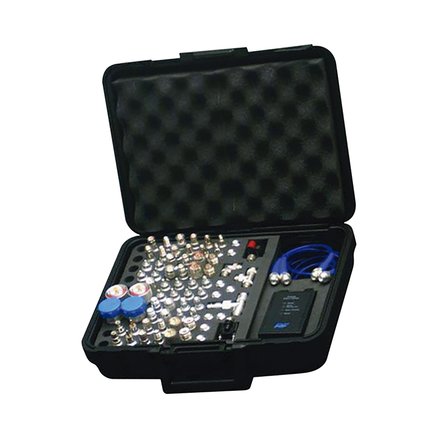 Mega Kit de Adaptadores UNIDAPT de 74 piezas, en conjunto todos los del RFA-4019 y RFA-4023-01 así como 2 Cables UNIDAPT, un Barril-Machos y un Probador de Cables en un solo estuche con bisagras.