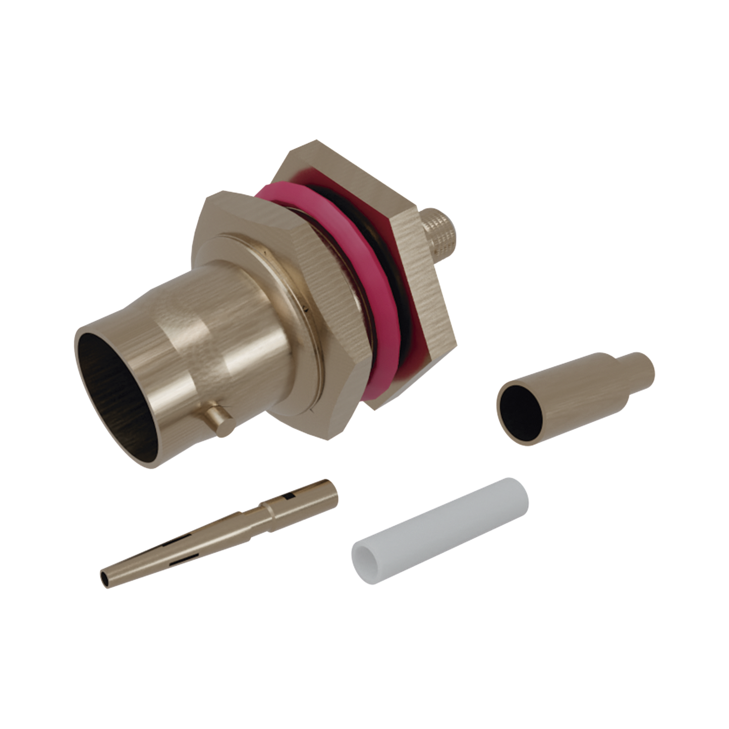 Conector BNC Hembra/ Chasis en D-Plano de Anillo Corto/ RG-174, RG-316, Níquel/Oro/Teflón.â€‹